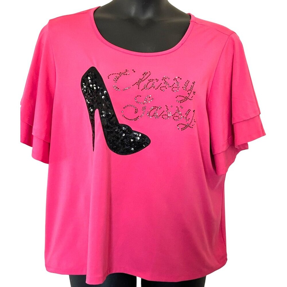 Classy Sassy Pink Top With Sequin Heel Graphic & Flutter Sleeves SIZE 22